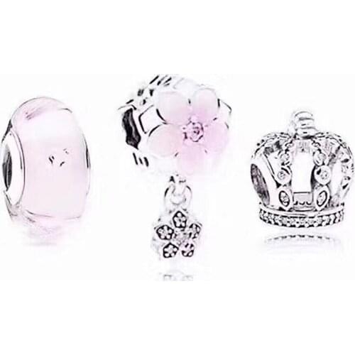 NEW 100% 925 Sterling Silver Magnolia Crown Charm Beaded Pink Clear Glass Bead Set Charming and Elegant Gift Surprise