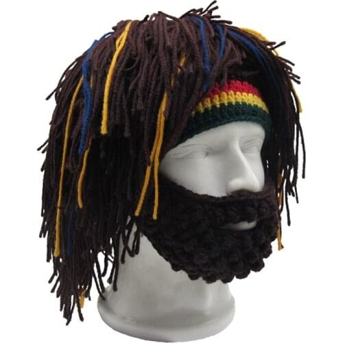 Wig Beard Knit Hat Rasta Beanie Caveman Bandana Handmade Women Crocheted Hats Gorro Winter Men Halloween Costume Birthday Gifts