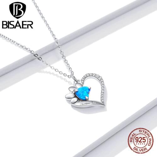 Bisaer Authentic 925 Sterling Silver Forever Love Heart Pendant Necklaces Dazzling Blue CZ Luxury Sterling Silver Jewelry EFN225