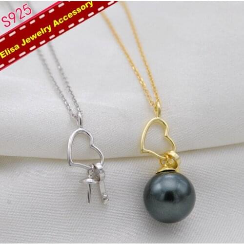 Heart Key Pendant Necklace Settings S925 Sterling Silver Pendant Choker Findings Women DIY Pearl Jewelry Acc 3Pcs/Lot