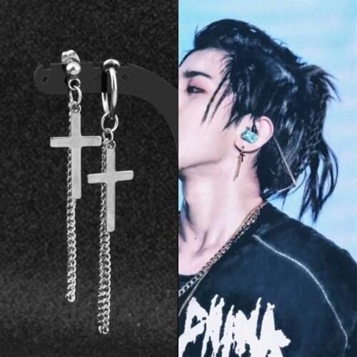 Simple KPOP DNA Korean V Bangtan Boys Punk Style Tassel JIMIN Chain Cross Stud Earrings For Men Women Statement Jewelry