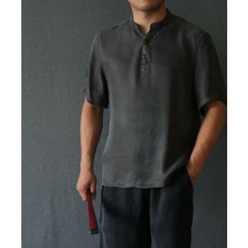 Men Short Sleeve Linen Shirt Loose Summer Casual V-Neck Shirts Tops Summer Size C218