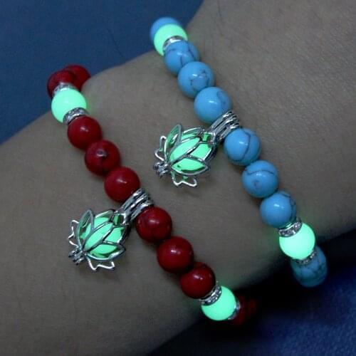Charm Luminous Black Red Natural Stone Bracelet Glow In The Dark Prayer Lotus Elephant Shape Pendant for Women Men Jewelry