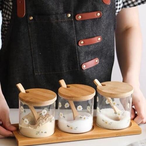 3PCS/Lot Glass Storage Jar Glass Small Daisy High Borosilicate Household Kitchen Jar With Wood Lid Container Spices Caster