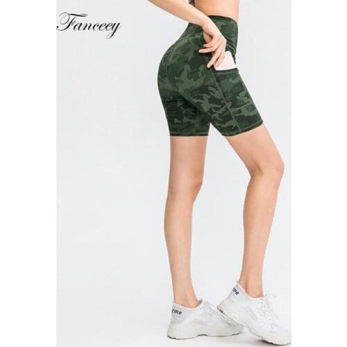 Fanceey Camouflage High Waist Slim Yoga Shorts Women Sports Biker Cycling Shorts Push Up Tummy Control Gym Fitness Sports Shorts