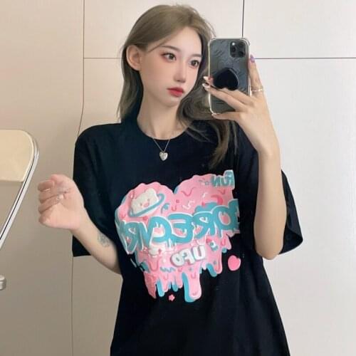 Love ice cream bear print short-sleeved t-shirt female 2021 summer round neck loose college style t-shirt