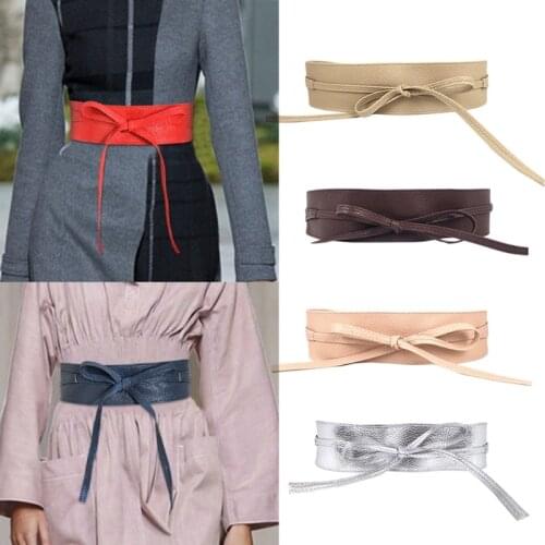 Women Faux Leather Solid Color Waist Belt Bow Tie Wrap Around Corset Waistband