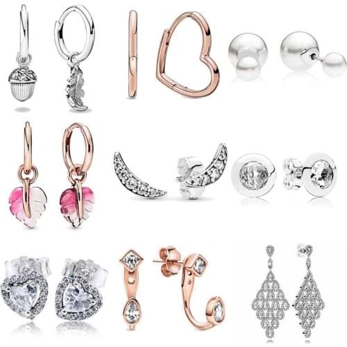 925 Sterling Silver Rose Asymmetric Heart Acorn & Leaf Pink Murano Glass Elevated Heart pandora Earrings For Women Jewelry Gift