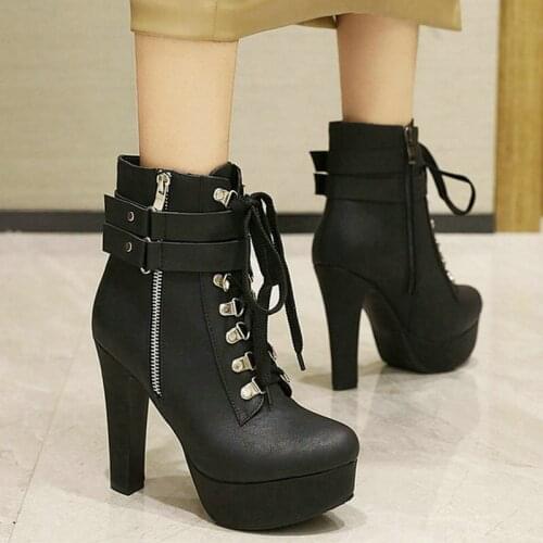 Platform Square High Heel Women Ankle Boots PU Leather Lace Up Boots Fashion Round Toe Zipper Ladies Short Boots Plus Size 34-43