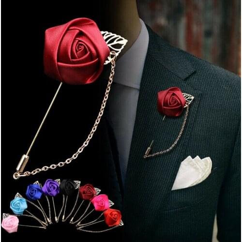 Womens Suit Mens Gold Leaf Rose Flower Brooch Lapel Brooch Canvas Woven Ribbon Pin Collar Flower Long Needle With Chain