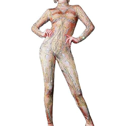 Long Sleeve Print Women Skinny Elastic Jumpsuit Shining Diamond Fashion Playsuits DJ Singer Dance Stage Wear Evening Prom Outfit