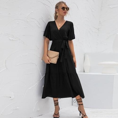 2021 Summer New Arrivals Womens Clothing Sexy Light Mature V-neck Stitching Solid Color Temperament High Waist Long Dress