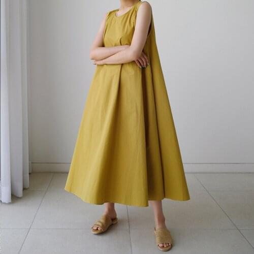Johnature Summer New Sleeveless Draw String Loose Women Dresses 2021 Korean Solid Color O-neck Simple Female Dress