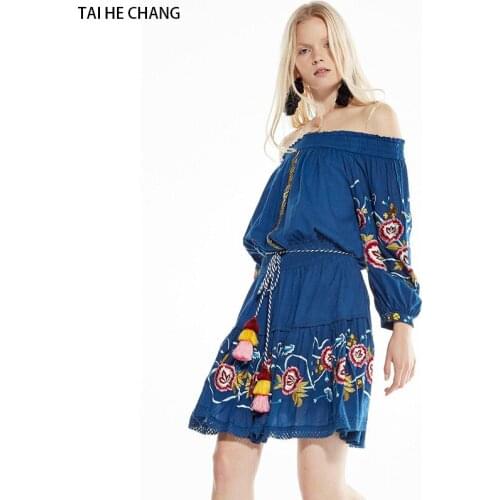Women high-end vestidos elegant vintage bohemian runway party beach sexy off the shoulder Embroidery long sleeve dress mini