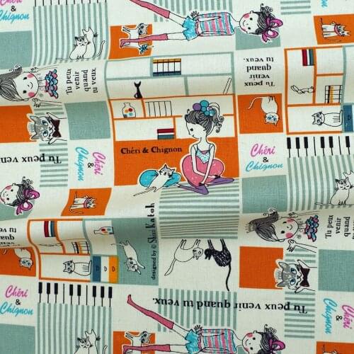 130cmx50cm Cotton Linen Fabric for handmad, bed, bag, curtain Sewing - Lovely Girl And Cat - Orange (LF013