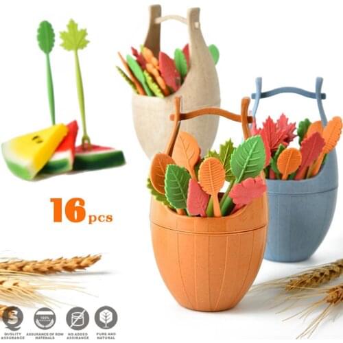 16pcs Biodegradable Fruit Fork Set Wheat Straw Leaves Desert Forks Salad Vegetable BBQ Party Cocktail Forks Picks Table Decor
