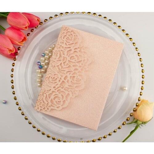 50pcs pocketfold laser cut rose glitter powder paper Wedding invitation cards trifold pocket card gatefold cover for anniversary
