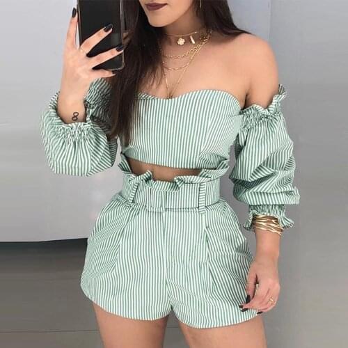 AHVIT Green Striped Printed Ruffles Ruched Casual Women Two Piece Set Long Puff Sleeve Slash Neck Crop Top And Sashes Pant B9191