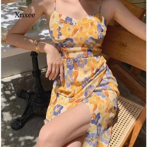 French Summer New Flower Print Spaghetti Strap Dress Women High Waist Split Dress Lady Oil Painting Style Boho Retro Corset Robe