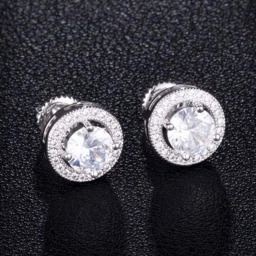 Hip HOP 1Pair Big Zircon Micro Full Paved Rhinestone CZ Stone Round Bling Iced Out Stud Earring Copper Earrings For Men Jewelry