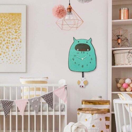 INS Hot Selling Home Decoration Clock Kids Room Kindergarten Nursery Creative Cute Little Monster Cartoon Swing Wall Clock Wood