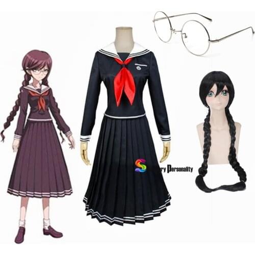 Danganronpa Toko Fukawa Cosplay Costume Round Glasses Dark Purple Wig Skirt Set Dangan Ronpa Sailor Suit Japanese School Uniform