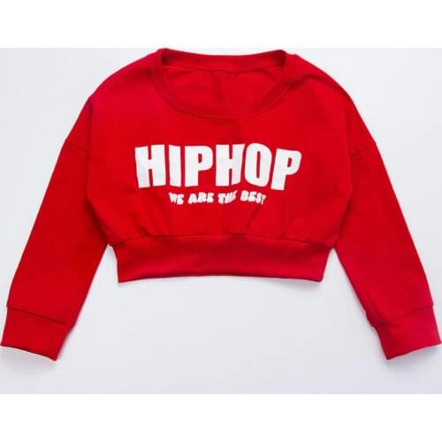 Girls Red Long Sleeved Jazz Hip Hop Dance Costume Loose Sweater Cropped Tops Shirt For Kid Street Modern Dancing Clothes Wear