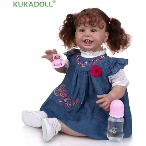 KUKADOLL 27 Inch 68 CM Handmade Rooted Curly Hair Smile Reborn Baby Doll Cloth Body Lifelike Newbron Doll For Kids Birthday Gift