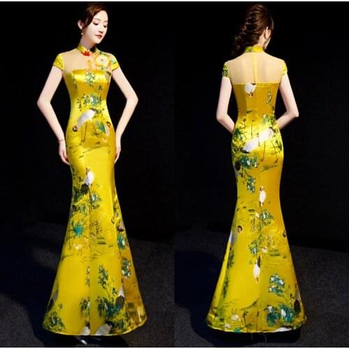 Sexy Slim improved cheongsam Appliques Embroidery Crane Mermaid Dress Chinese evening dress Vestidos Size S-XXL