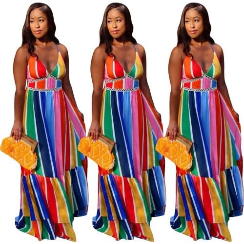 Zoctuo Maxi Dresses For Women Sexy Spaghetti Strap Summer Dresses For Women Patchwork Stripe Printing Party Dresses For Girls