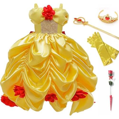 Deluxe Belle Dresses Girls Beauty and the Beast Carnival Costume Princess Vestidos Fairy Tale Children Christmas Party Ball Gown