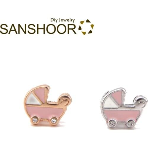 SANSHOOR Pink Baby Carriage Bracelet Slide Charms Fit 8mm Wide Wrap Leather Keeper Bracelet For Mom Toddler Children Gifts 6Pcs