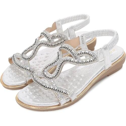 Women Sandals New Flat Fashion Rhinestone Summer Sandals Women Shoes Solid Color Casual Summer Shoes Open-toed Wedge Shoes Woman