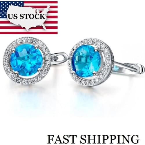 USA STOCK Uloveido Fashion Large Crystal Earrings for Women Silver Color Charms Jewelry Round Blue Zircon Chirstmas Gift R146