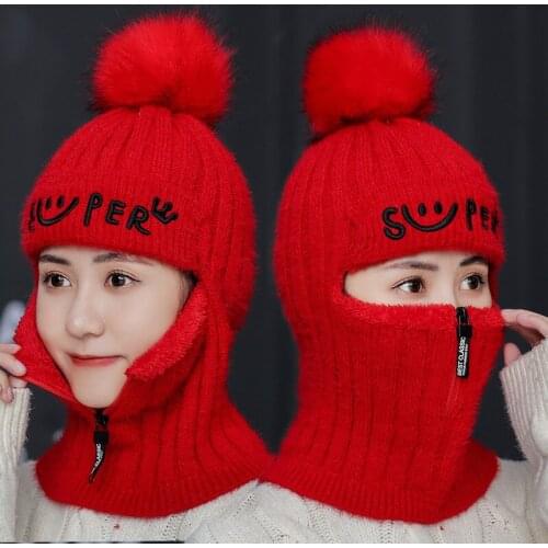 Women Winter Cycling Warmth Neck Guard Hat Plus Velvet Thick Earmuffs Knitted Windproof Woolen Trendy Leisure Siamese Cap A86