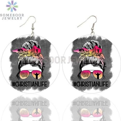 SOMESOOR Christian Life Printed African American Wooden Drop Earrings Hunting Worked Mom Loops Dangle Jewelry For Women Gifts