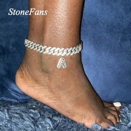 Stonefans A-Z DIY Baguette Miami 12mm Cuban Anklet Letter Pendant for Women Iced Out CZ Cuban Link Anklet Hiphop Foot Jewelry