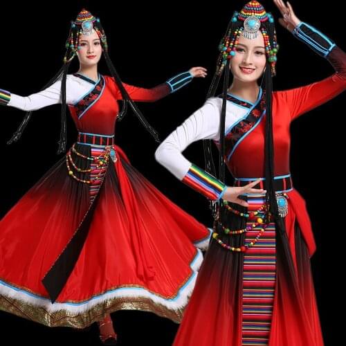 Tibetan Folk Dance Costume ancient princess gown National Stage Wear Women Mongolian Performance Long Dress