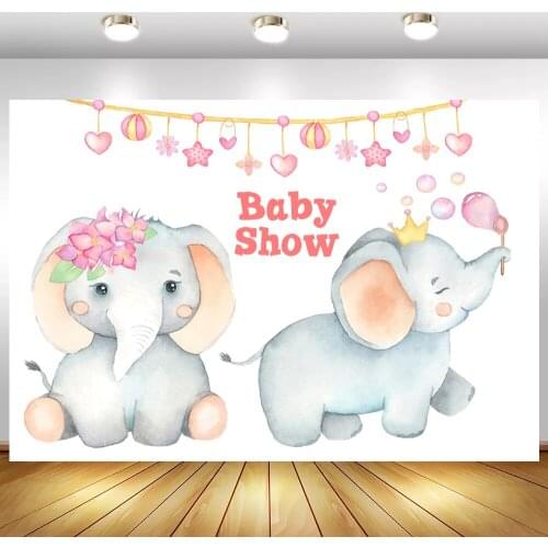 Newborn Baby Shower Photography Backdrop Two Elephants Boy Or Girl Cake Table Decor Banner Photo Background Vinyl Wall Poster