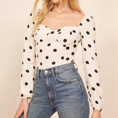 Summer New Style Retro Polka Dot Square Collar Long Sleeve All-match Printed Shirt Women