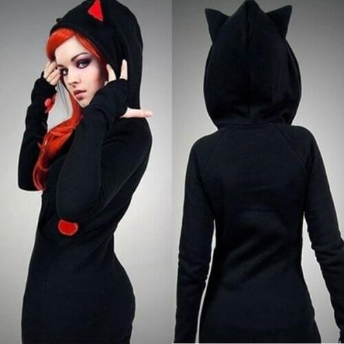 S-4XL Halloween Women Cute Animal Fox Cat Rabbit Ear Hooded Slim Long Sleeve Pure Color Warm Sweatshirt Unisex Cosplay Costume