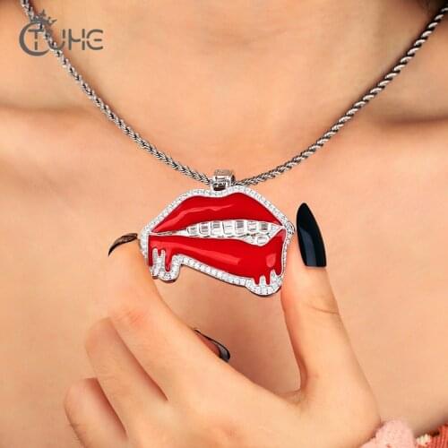 Flaming Red Lips Pendant Necklace For Women Crystal Baguette Teeth Fashion Gold Silver Color Trend Women Jewlery Party Gift