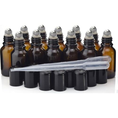 12pcs 15ml Amber Glass Roll on Bottles Empty Stainless Steel Roller Ball Bottle Vials for Essential Oils Aromatherapy Perfume