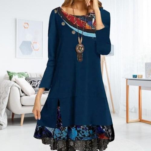 2021 Spring Retro Womens Dress Floral Print O-NECK Midi Dress Ladies FLong Sleeve Loose Party Dress Female Casual streetwear