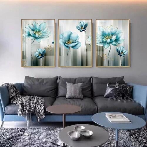 Golden Blue Flower Abstract Poster Printing Canvas Modern Nordic Art Painting Living Room Bedroom Home Decoration Painting