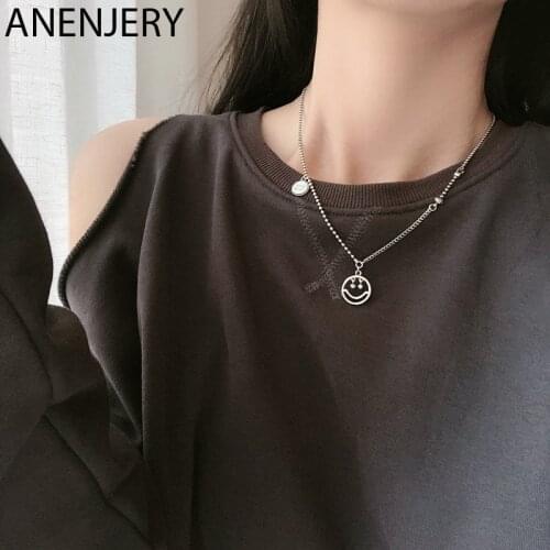 ANENJERY 925 Sterling Silver Hollow Smiling Face Necklace Thai Silver Round Luck Charm Necklace For Women Men Jewelry S-N586