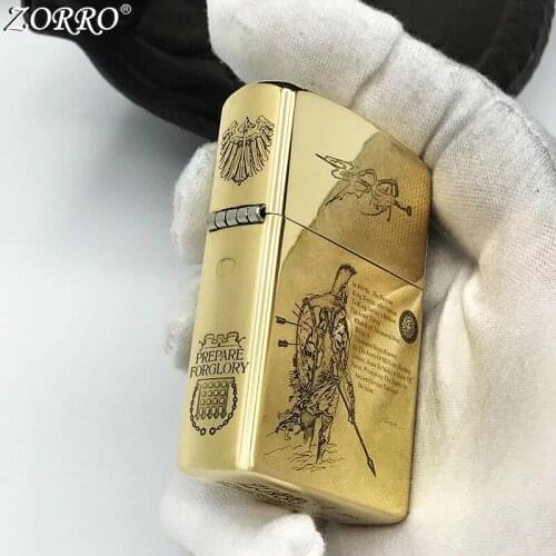 Zorro Gasoline Lighter Pure Copper Brass Kerosene Lighter Fine Carving Soldier Pattern Collection Metal Craft Men Gift