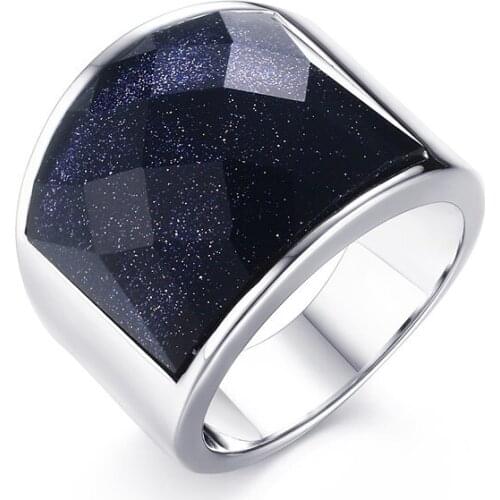 Big Blue Sky Stone Cut Ring Mens Jewelry Stainless Steel Ring Large Charming Wedding Band US Size