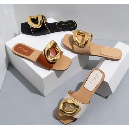 Brand Metal Buckle Women Slippers Large Flat Women Sandals Female Footwear Summer Women Beach Shoes Zapatillas Mujer
