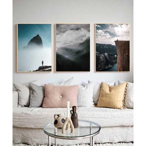 Blue Sky and White Clouds and Heavy Fog Canvas Painting Home Decor Mountain Peak Mountain Scenery Character Travel Poster Retro